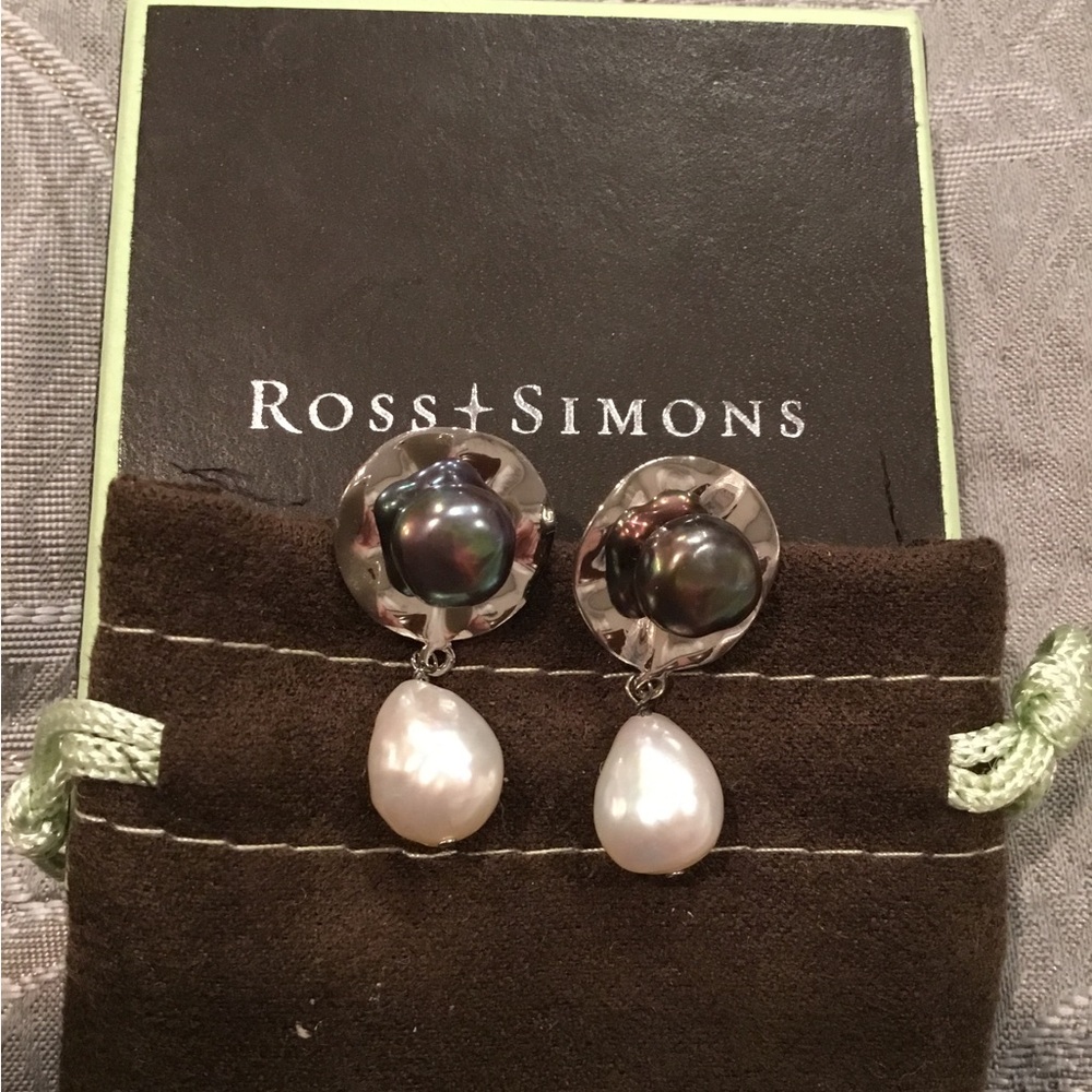 Ross-Simons Black and White Dangle Earrings with Textured Metal and Pearls